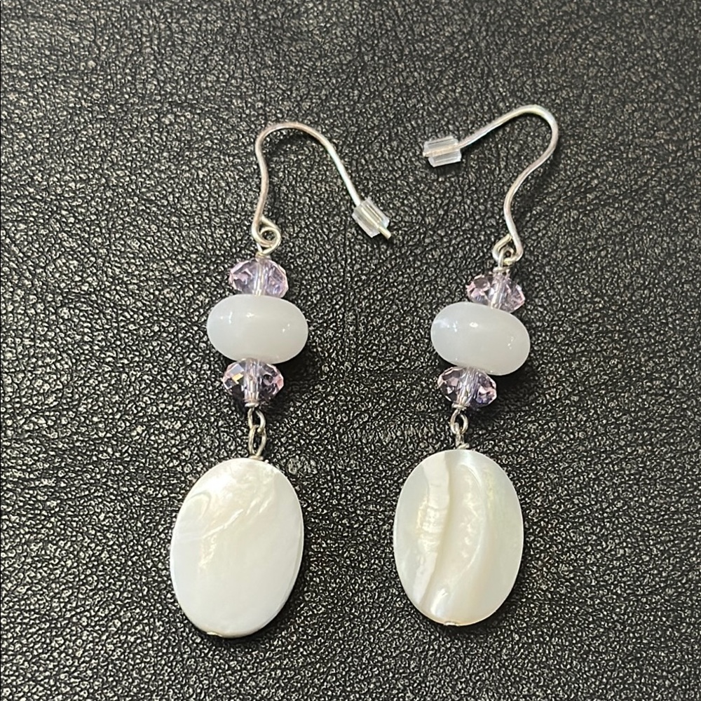 Pale Pink Faceted Crystal & Mother Of Pearl Dangle Wire Back Earrings